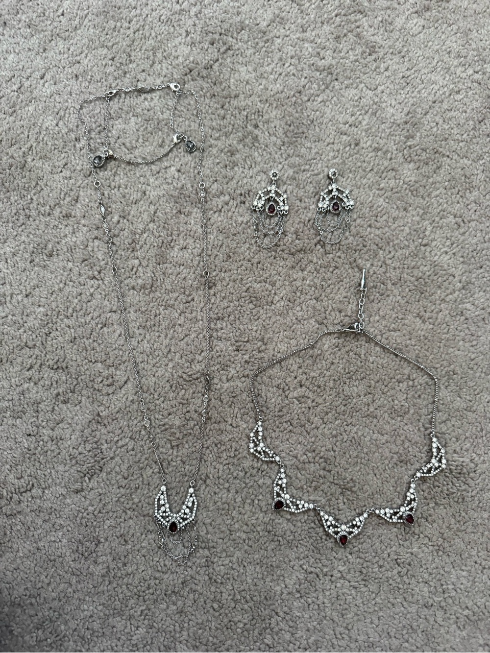 Silver-Tone Garnet Accent Necklace, Bracelet & Earrings Set